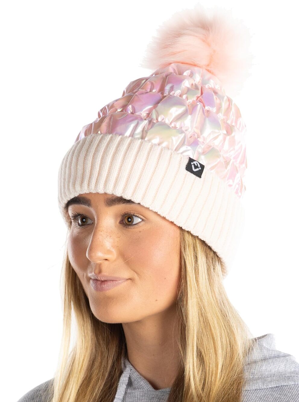 7977 Metallic Puffer Beanie Hat with Faux Fur Pom Pom, Fleece Lined Knit